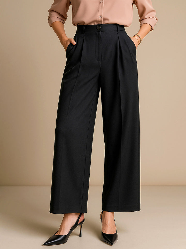 Women Black High-Rise Front Pleated Korean Pants