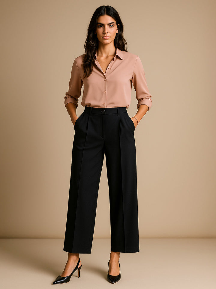 Women Black High-Rise Front Pleated Korean Pants