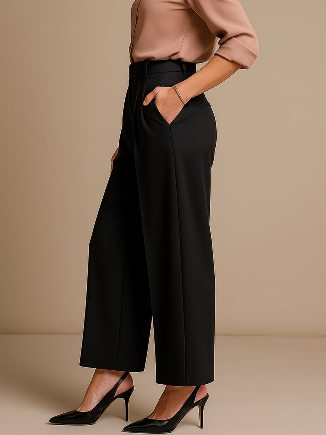 Women Black High-Rise Front Pleated Korean Pants