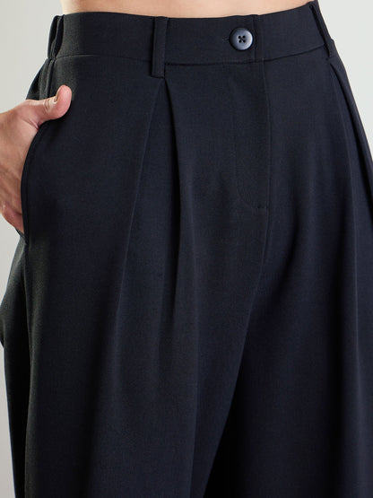 Women Black High-Rise Front Pleated Korean Pants