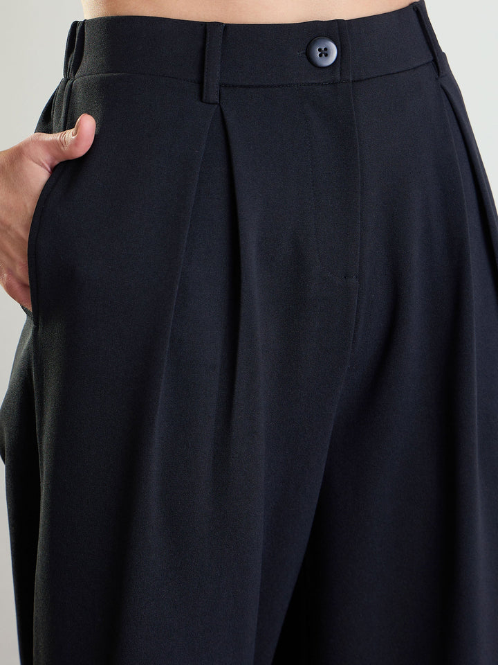 Women Black High-Rise Front Pleated Korean Pants