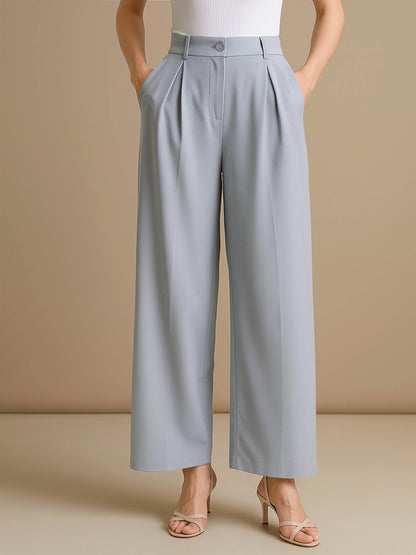 Women Grey High-Rise Front Pleated Korean Pants
