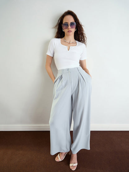 Women Grey High-Rise Front Pleated Korean Pants