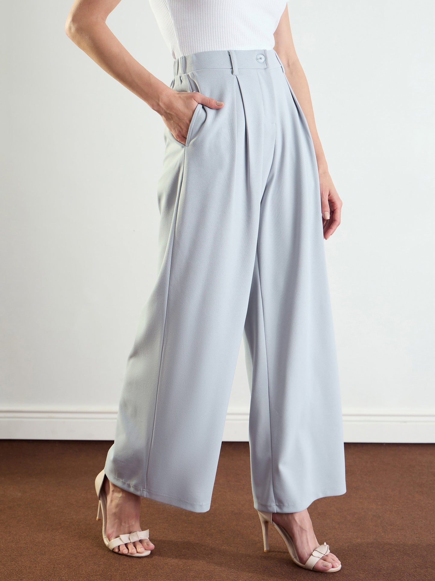 Women Grey High-Rise Front Pleated Korean Pants