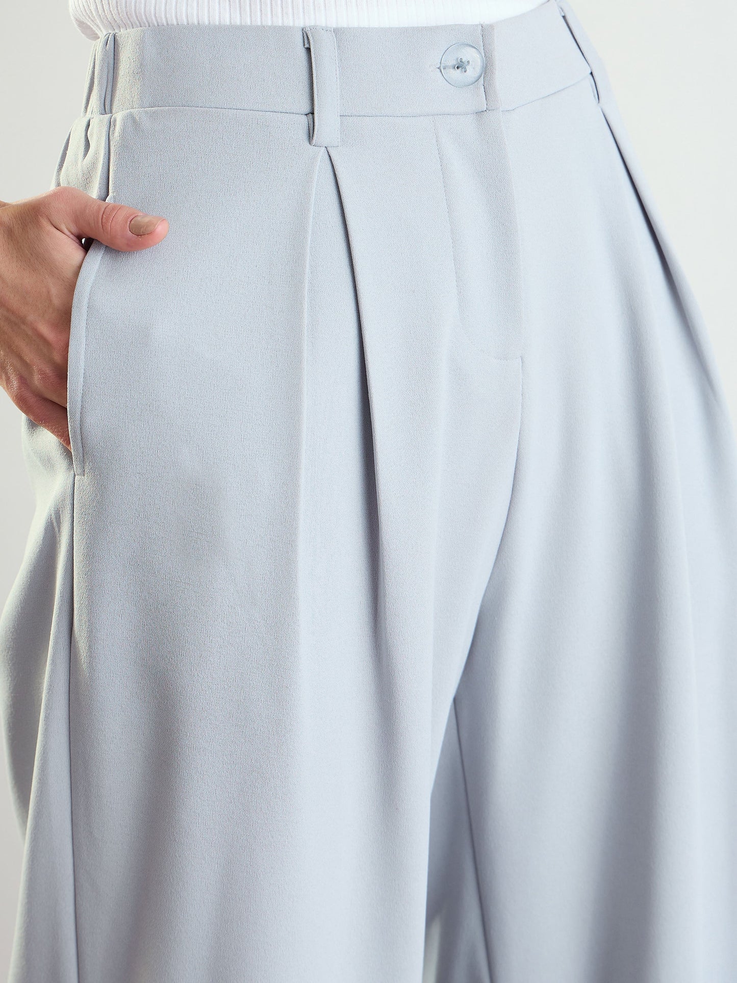 Women Grey High-Rise Front Pleated Korean Pants