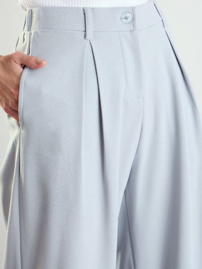 Women Grey High-Rise Front Pleated Korean Pants