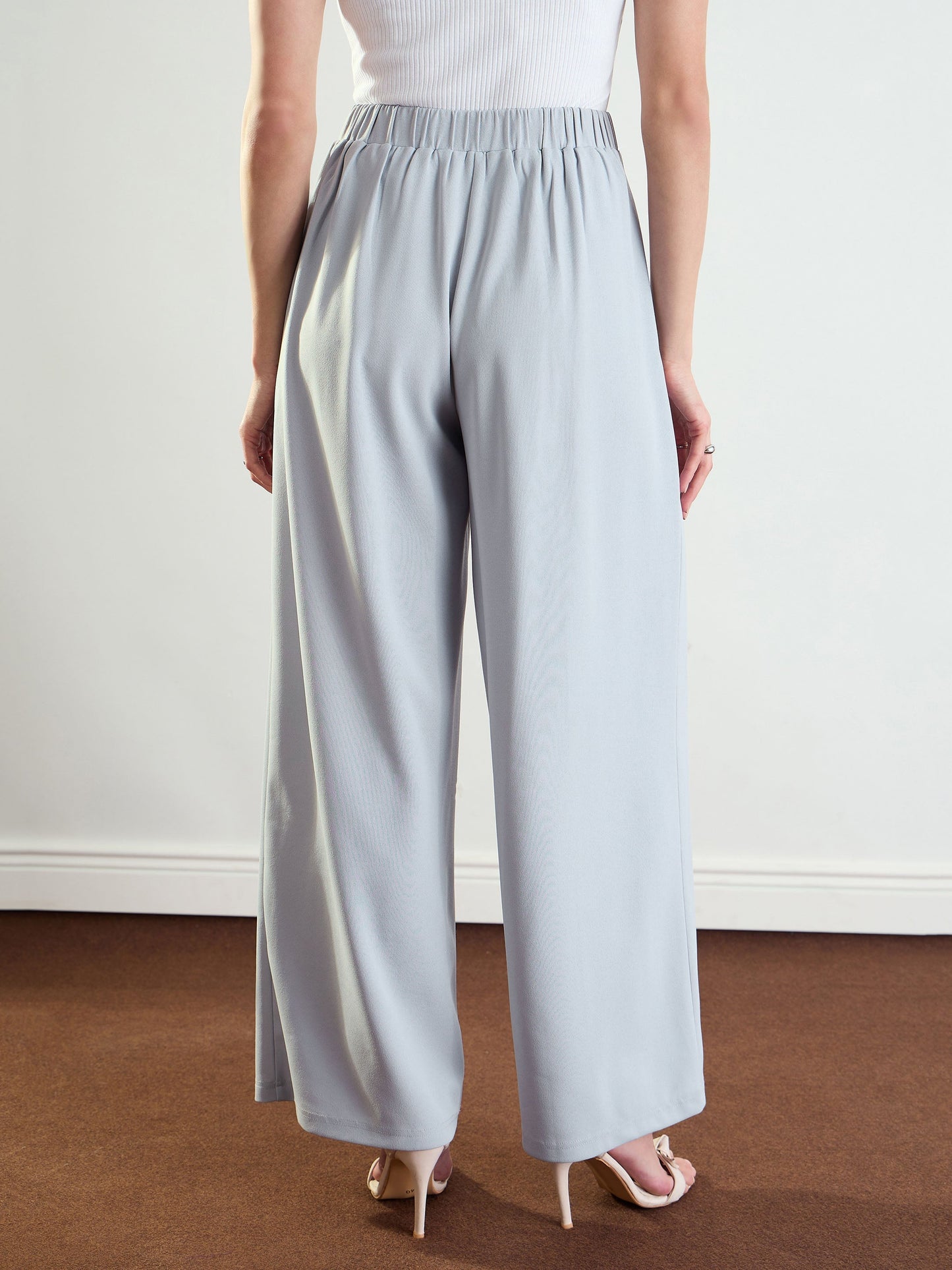 Women Grey High-Rise Front Pleated Korean Pants