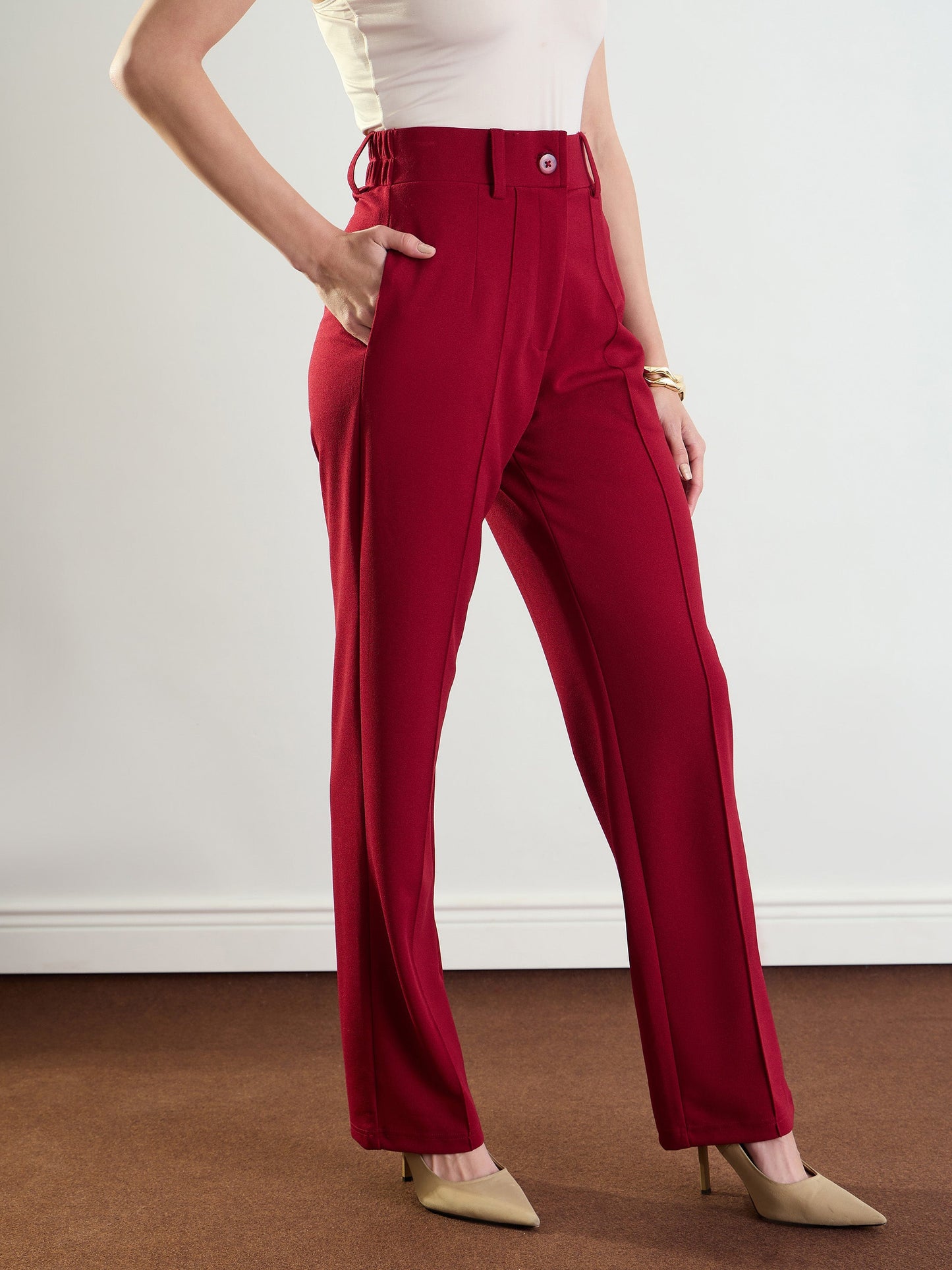 Maroon Front Dart Straight Fit Pants