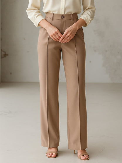 Women Beige Front Darted Straight Fit Pants