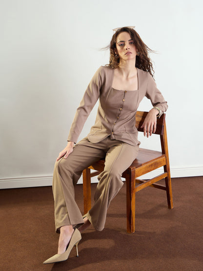 Women Beige Front Darted Straight Fit Pants