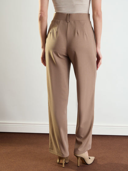 Women Beige Front Darted Straight Fit Pants