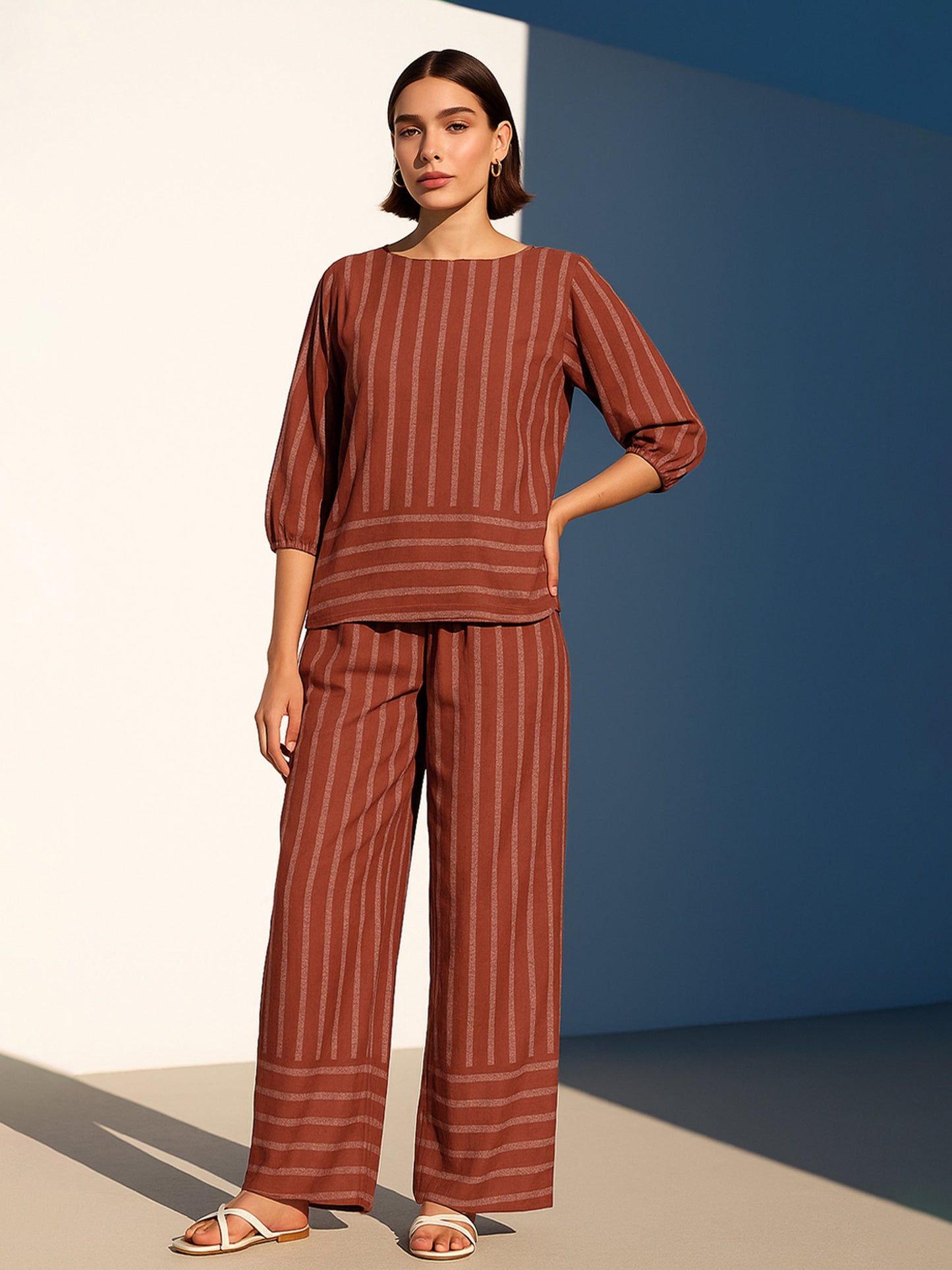 Rust Stripes Print Top With Pants