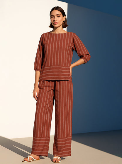 Rust Stripes Print Top With Pants