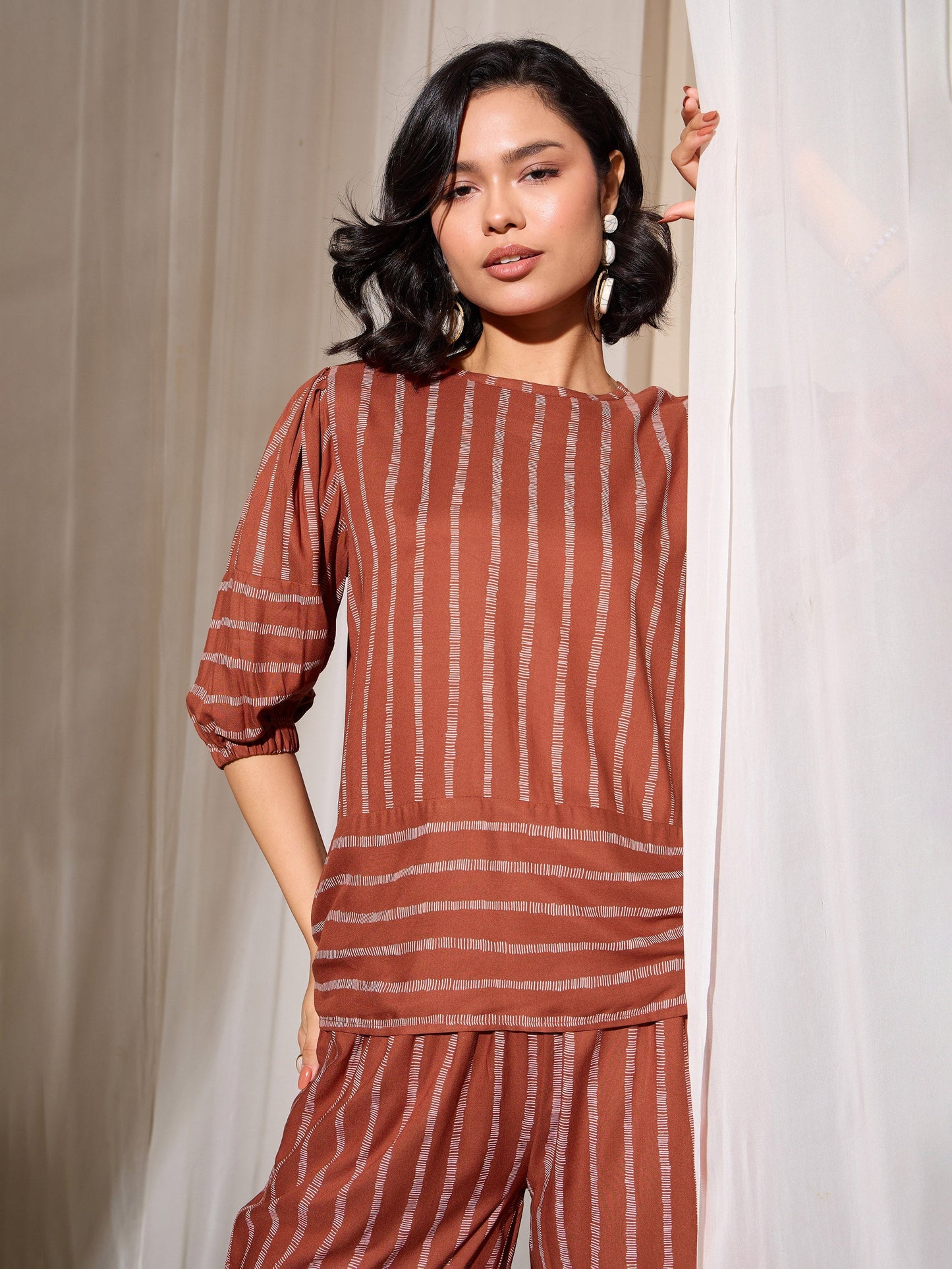 Rust Stripes Print Top With Pants
