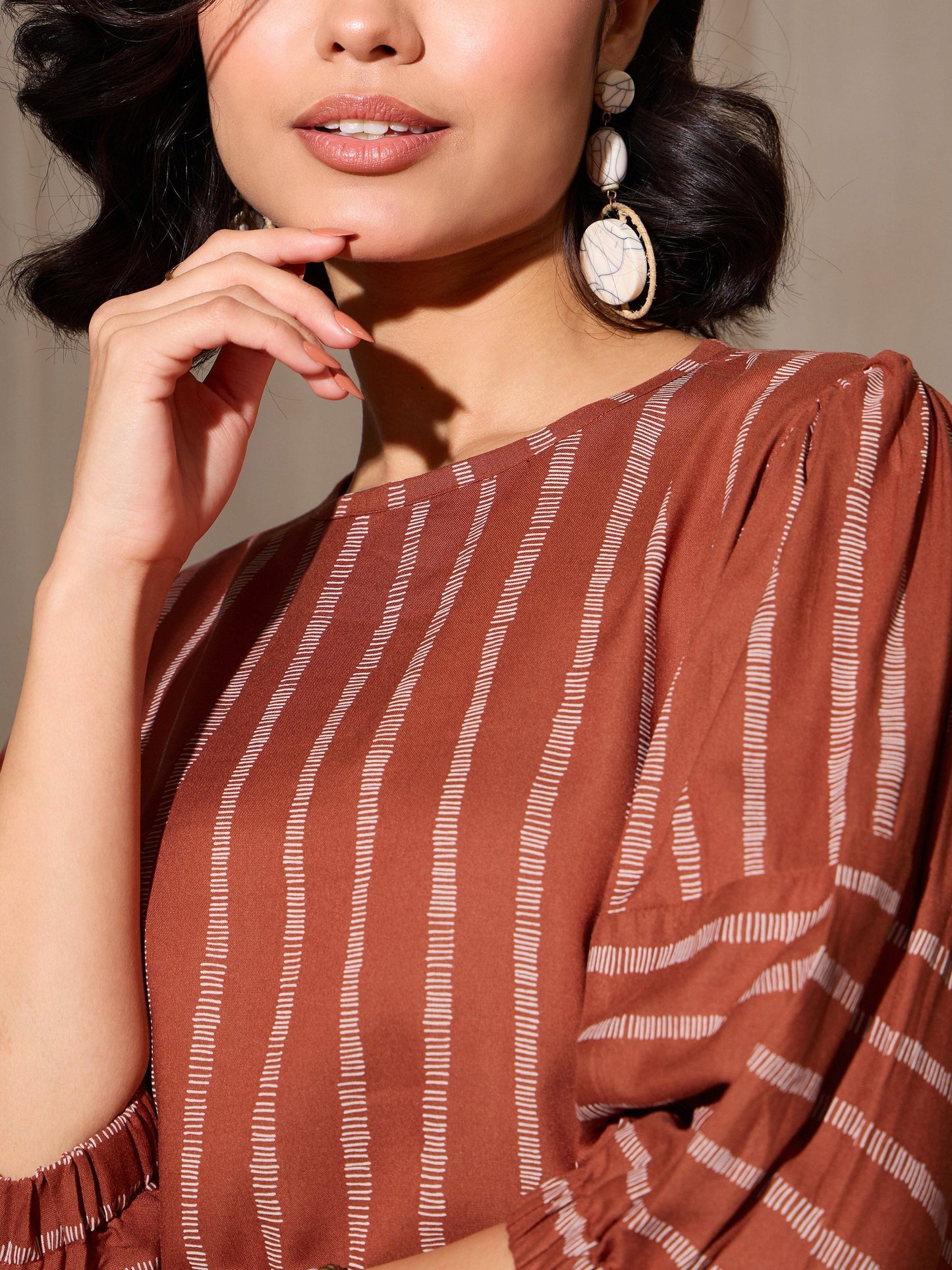 Rust Stripes Print Top With Pants