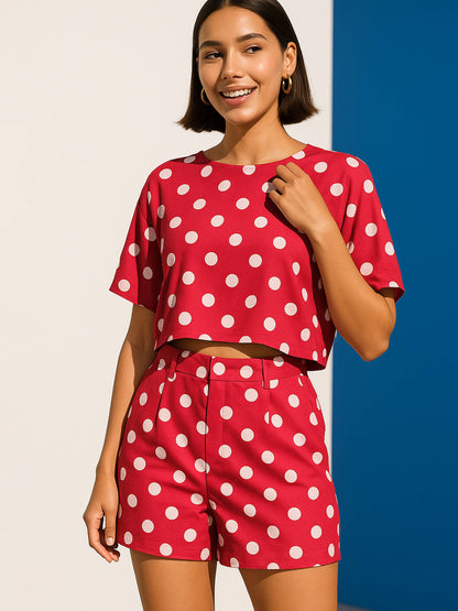 Red Polka Dot Crop Top With Hem Fold Shorts