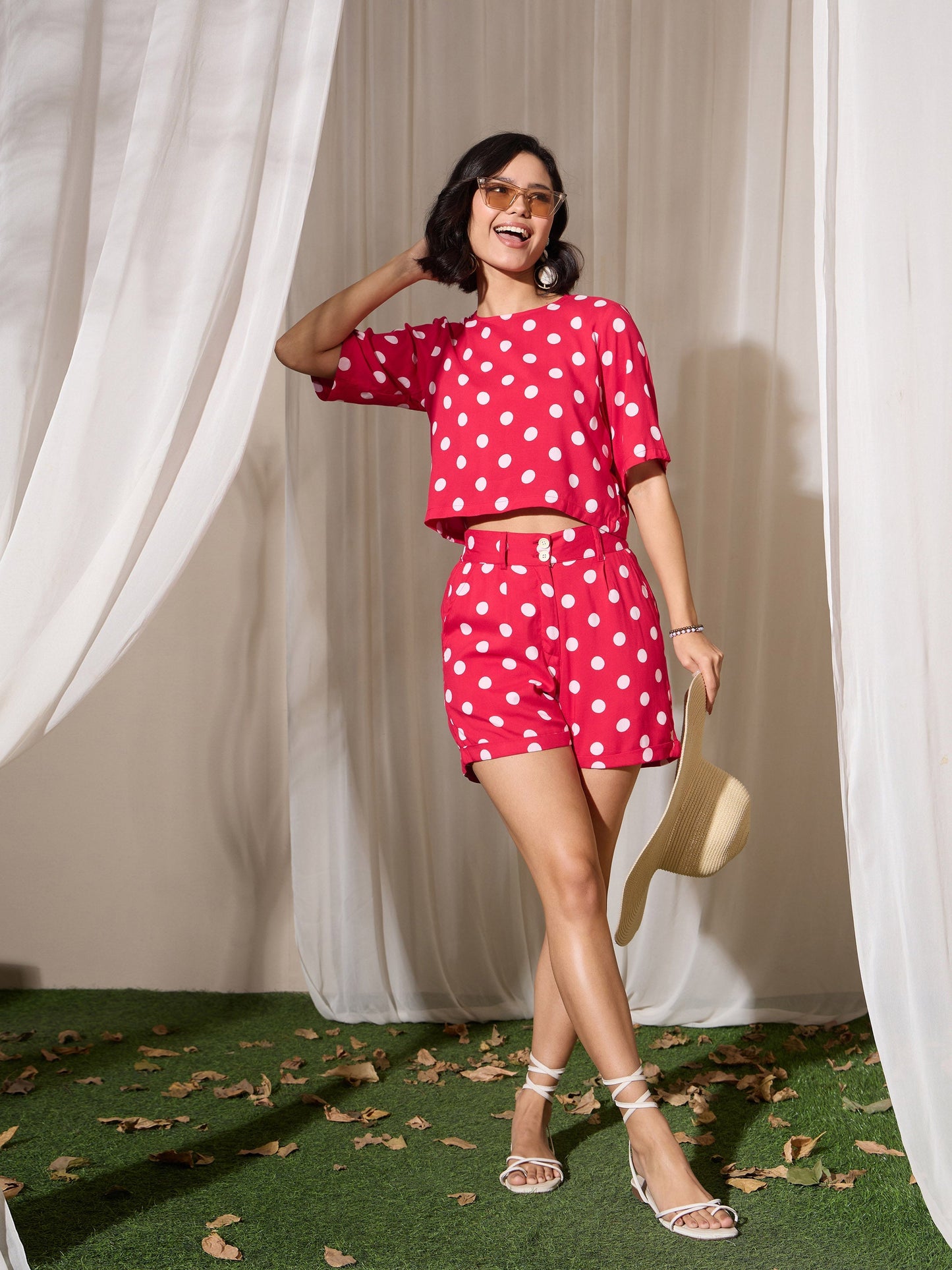 Red Polka Dot Crop Top With Hem Fold Shorts
