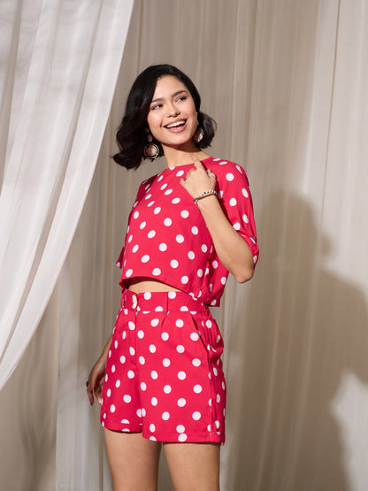 Red Polka Dot Crop Top With Hem Fold Shorts