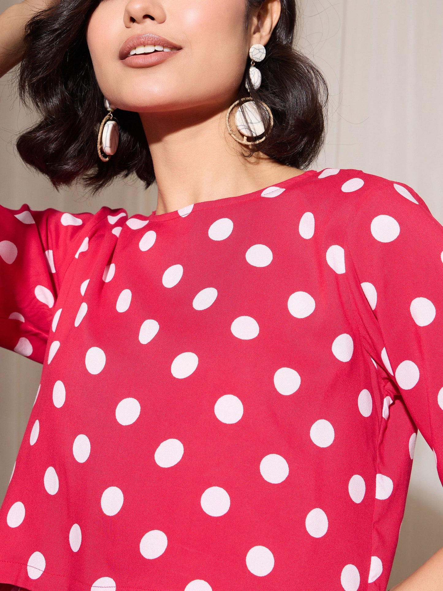 Red Polka Dot Crop Top With Hem Fold Shorts
