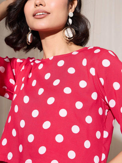 Red Polka Dot Crop Top With Hem Fold Shorts