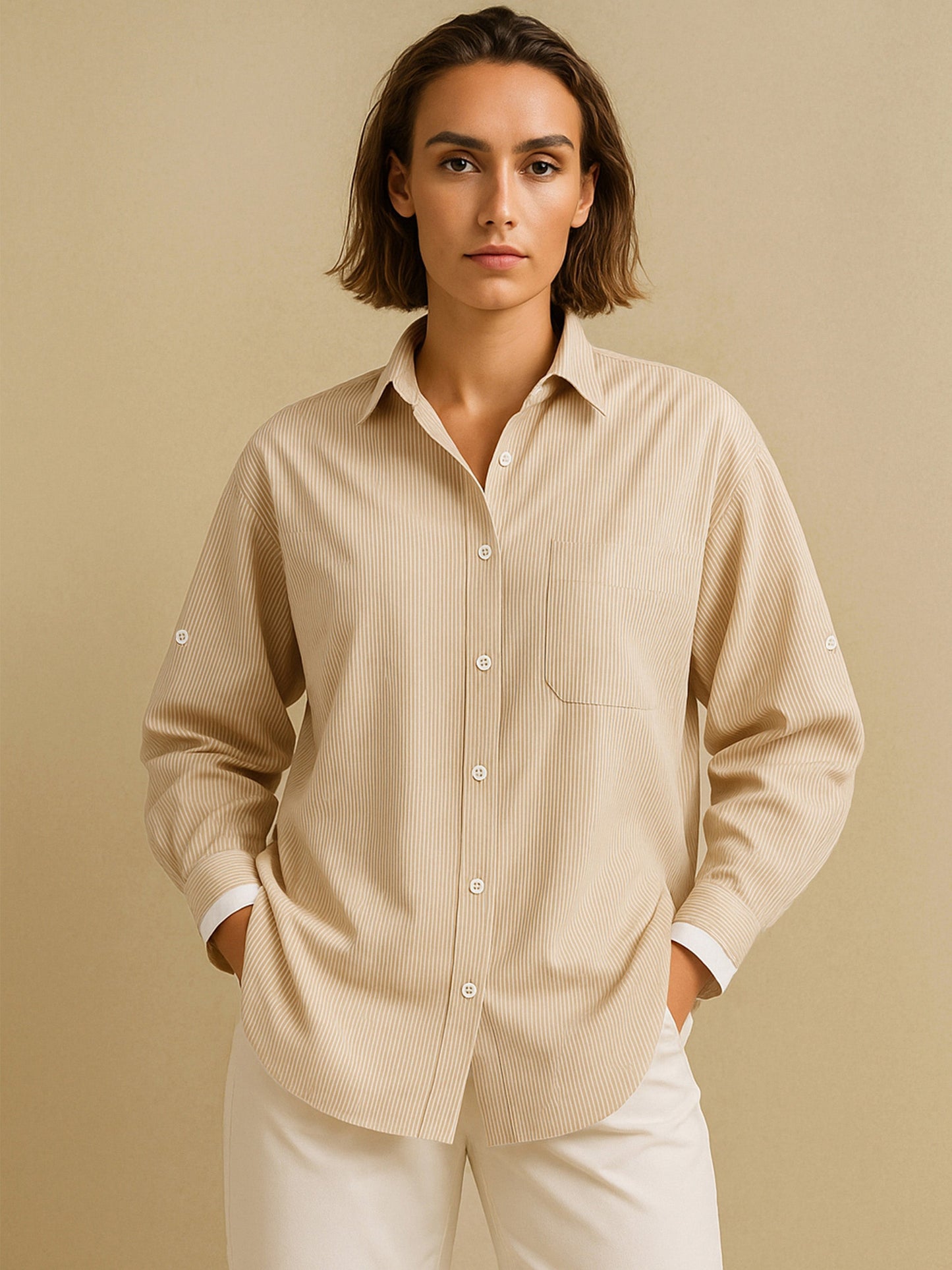 Beige Striped Roll Up Sleeves Shirt