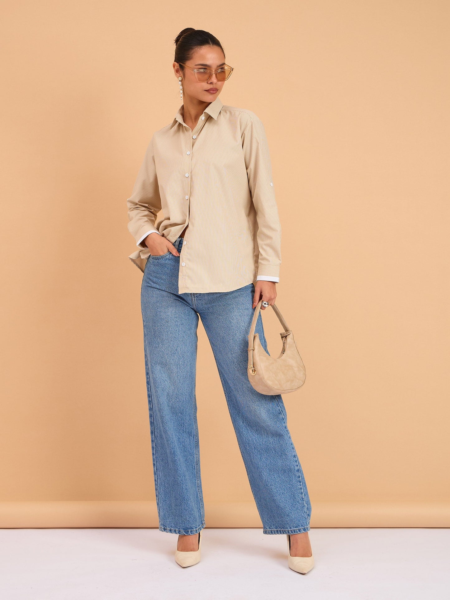 Beige Striped Roll Up Sleeves Shirt