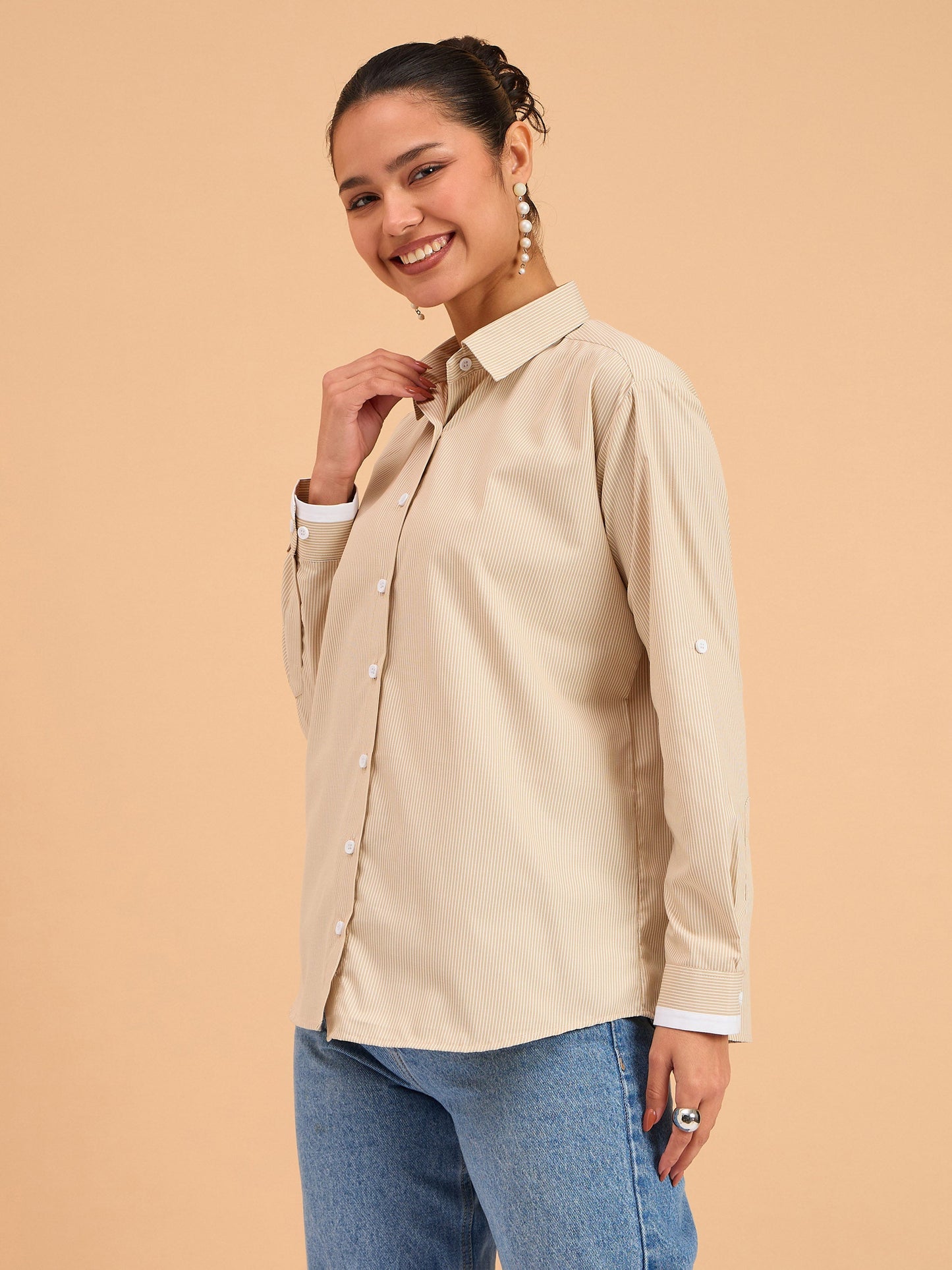 Beige Striped Roll Up Sleeves Shirt