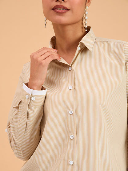 Beige Striped Roll Up Sleeves Shirt