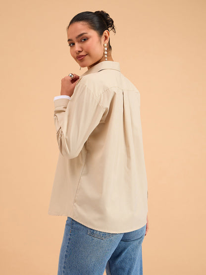 Beige Striped Roll Up Sleeves Shirt
