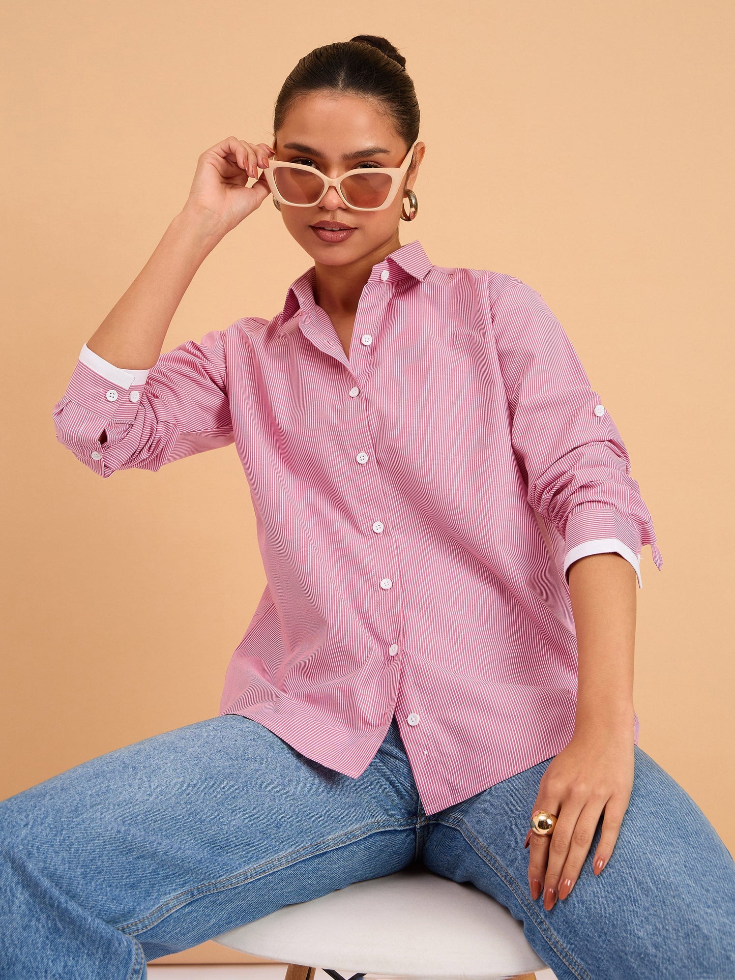 Fuchsia Striped Roll Up Sleeves Shirt