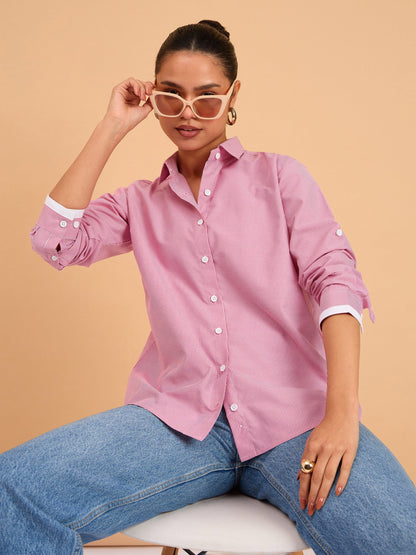 Fuchsia Striped Roll Up Sleeves Shirt