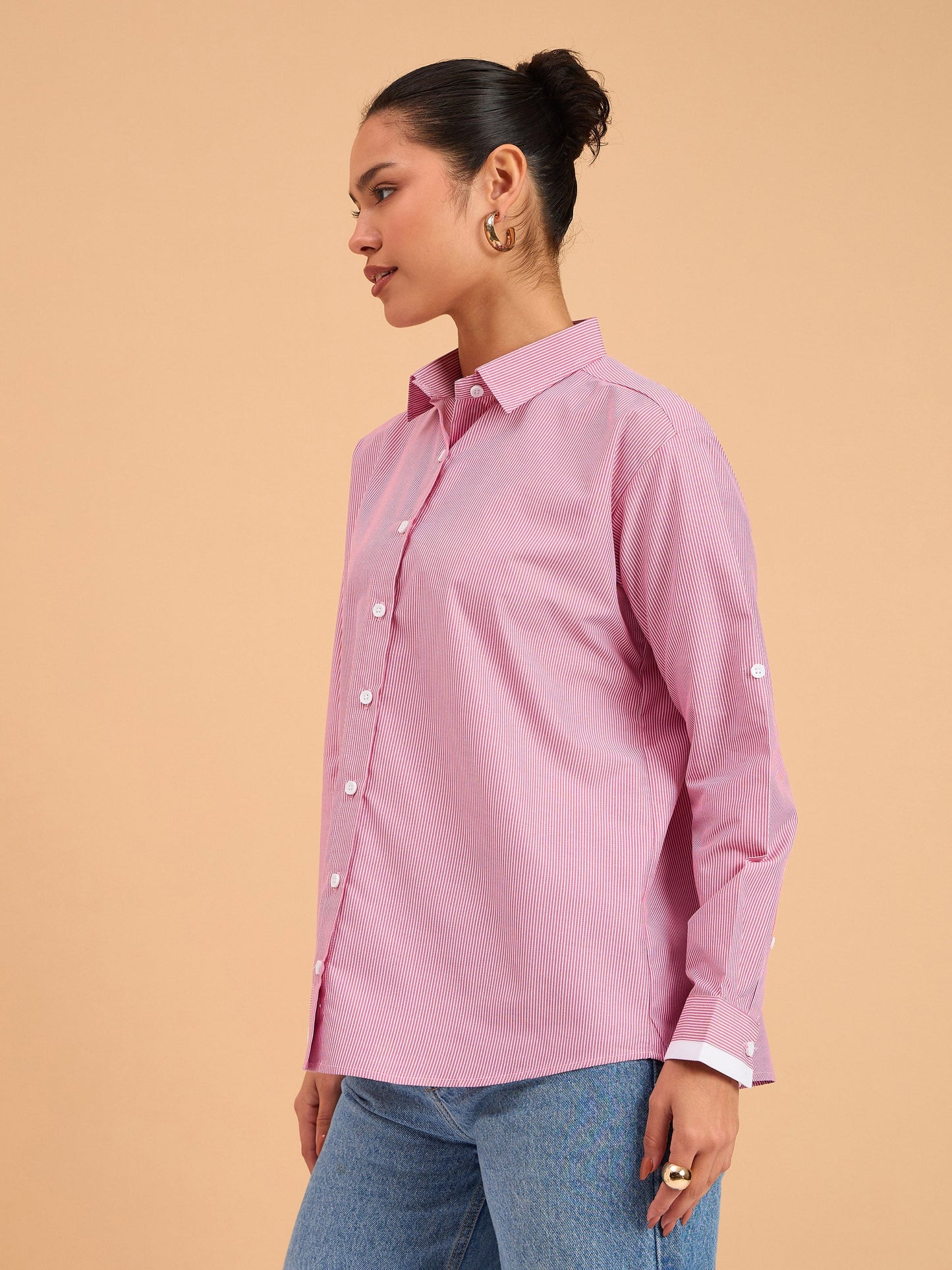 Fuchsia Striped Roll Up Sleeves Shirt