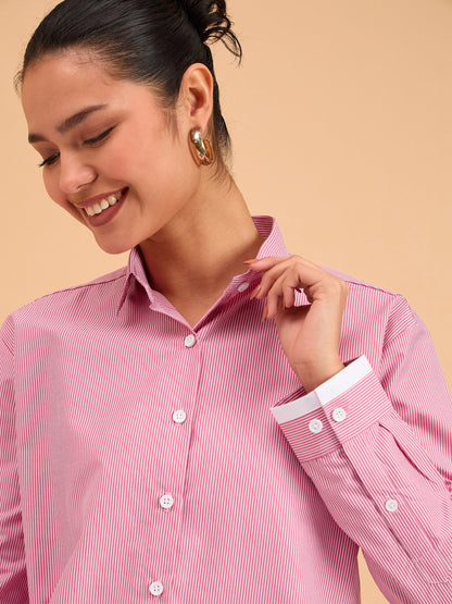Fuchsia Striped Roll Up Sleeves Shirt