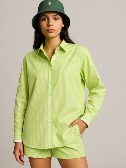 Green Striped Roll Up Sleeves Shirt