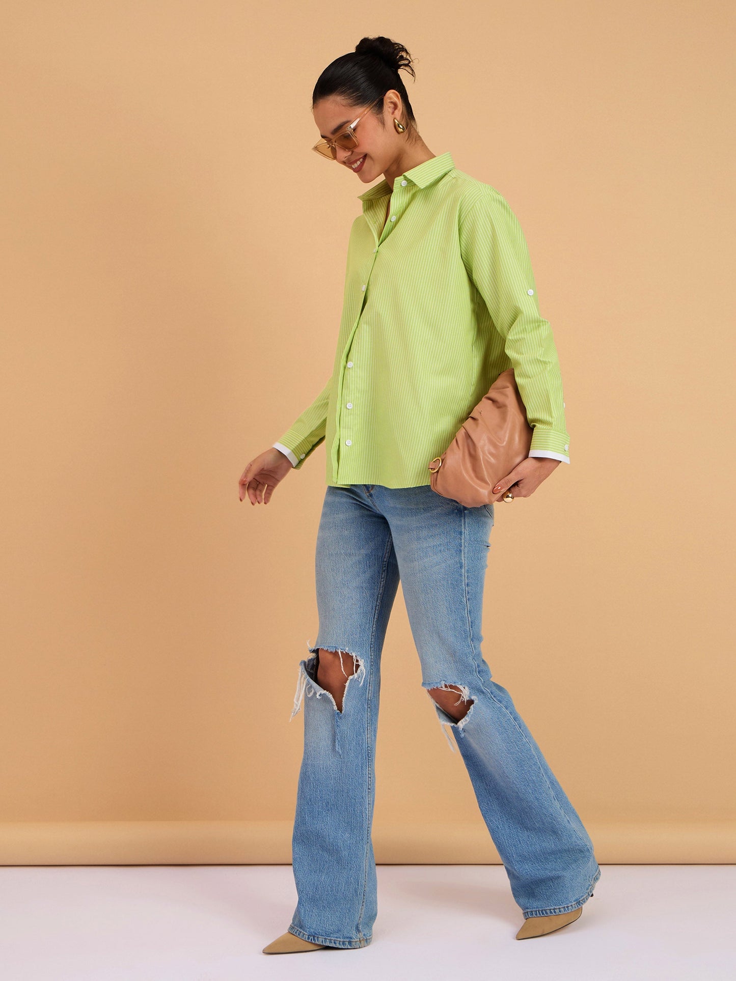 Green Striped Roll Up Sleeves Shirt