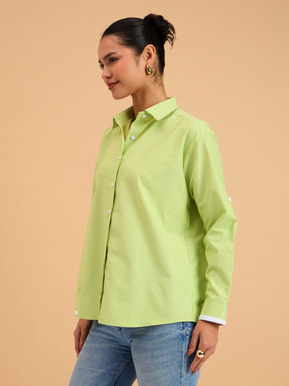 Green Striped Roll Up Sleeves Shirt