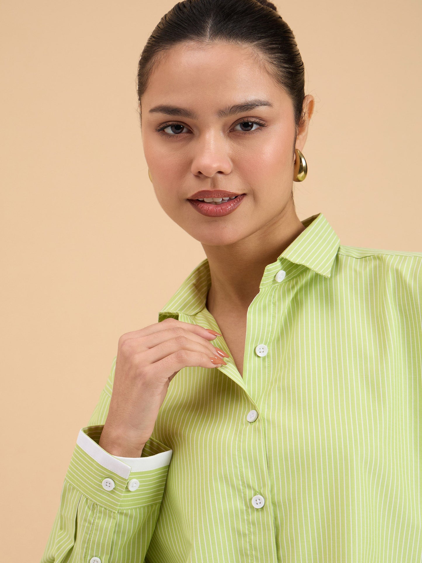 Green Striped Roll Up Sleeves Shirt
