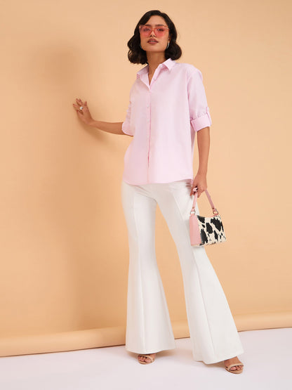 Pink Striped Roll Up Sleeves Shirt