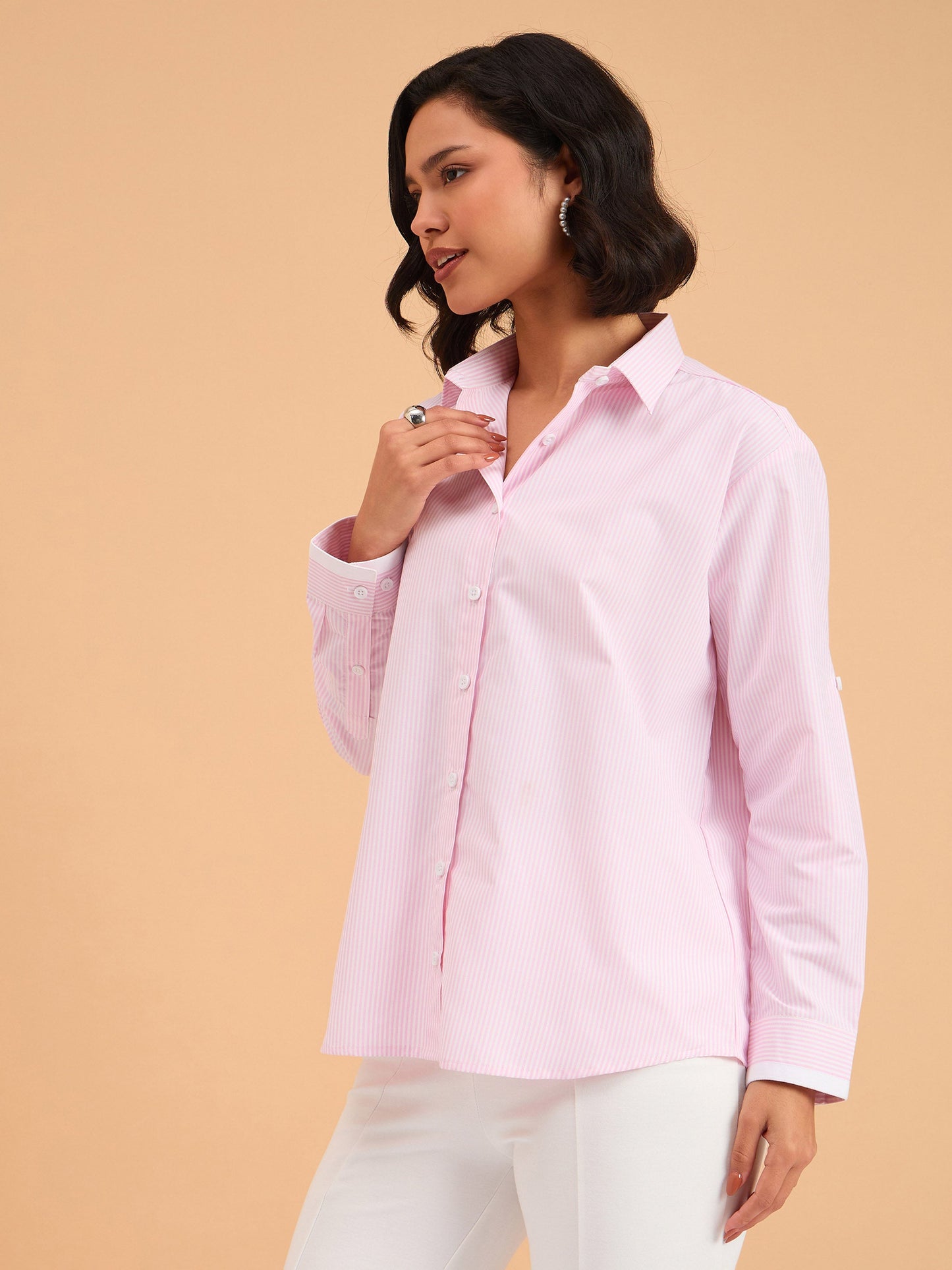 Pink Striped Roll Up Sleeves Shirt