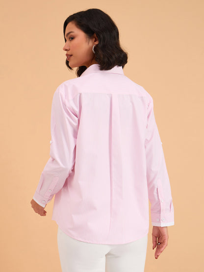 Pink Striped Roll Up Sleeves Shirt