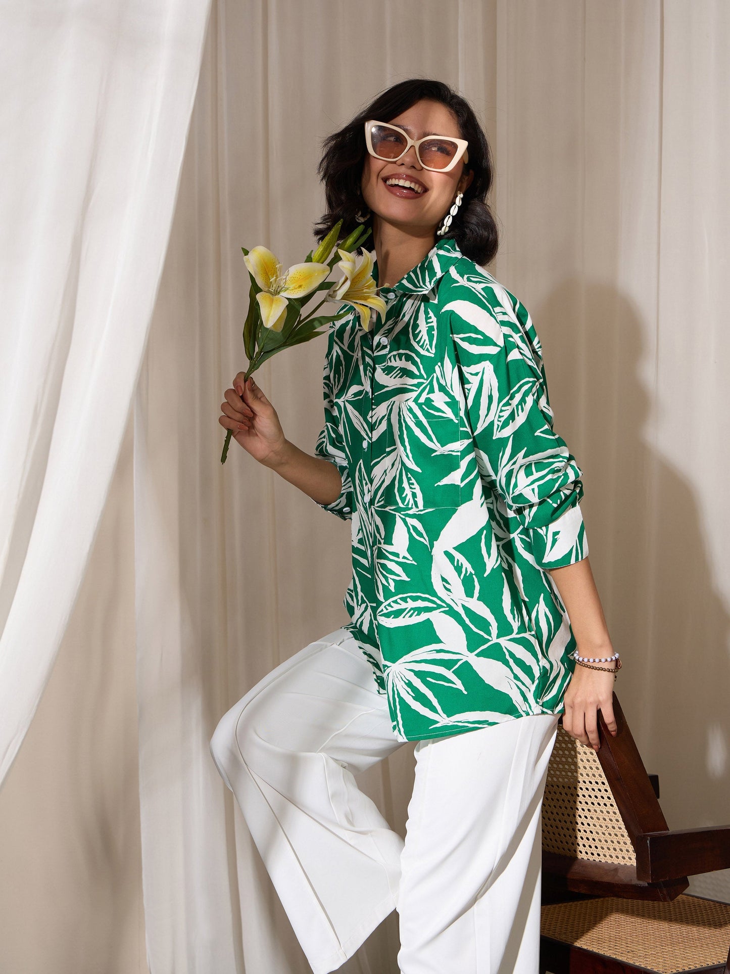 Green Tropical Floral Oversized Shirt