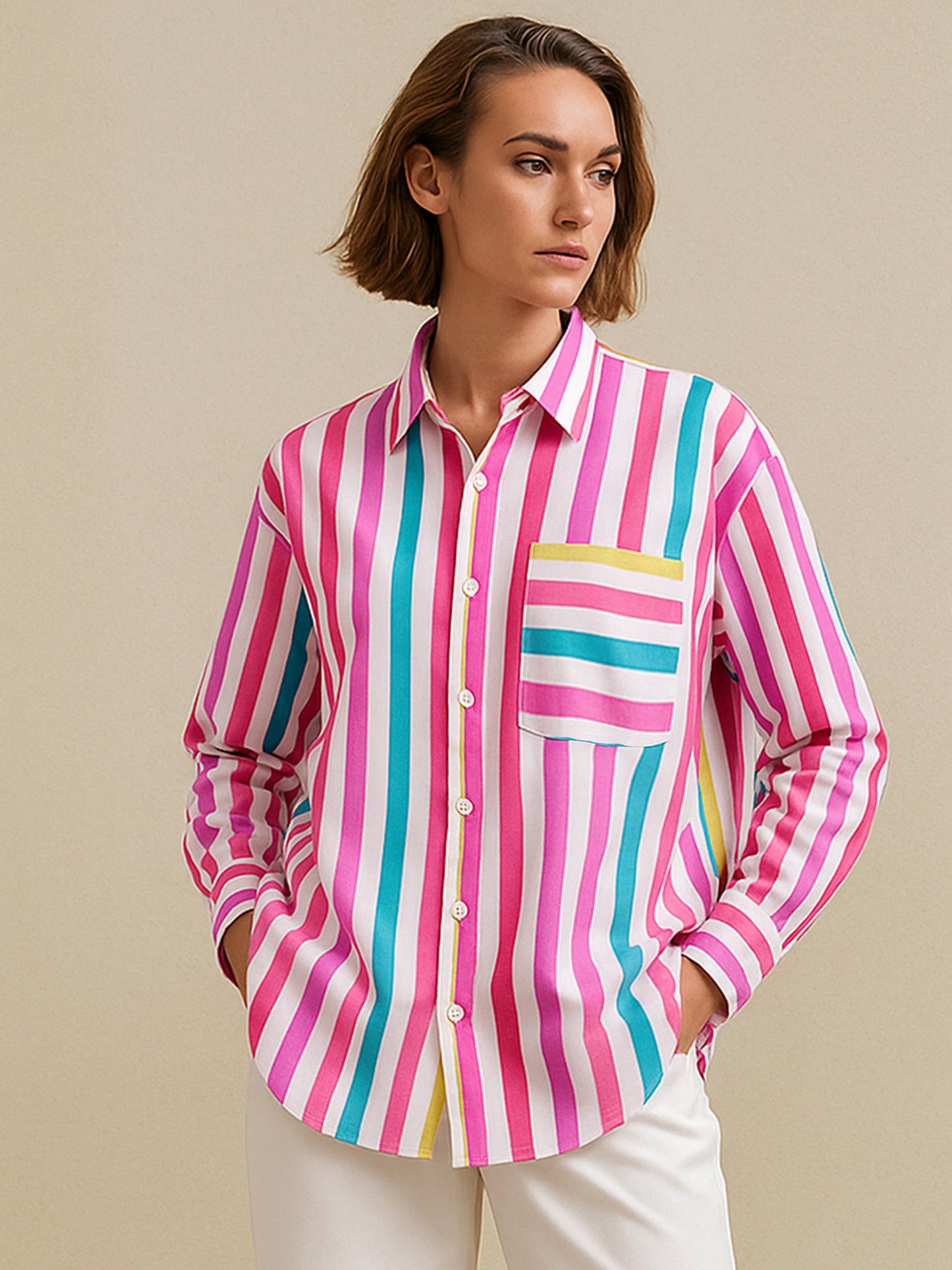 Pink Multi Stripes Pocket Detail Oversized Shirt