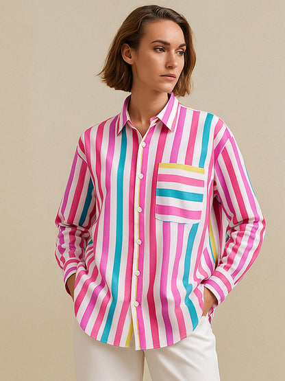 Pink Multi Stripes Pocket Detail Oversized Shirt