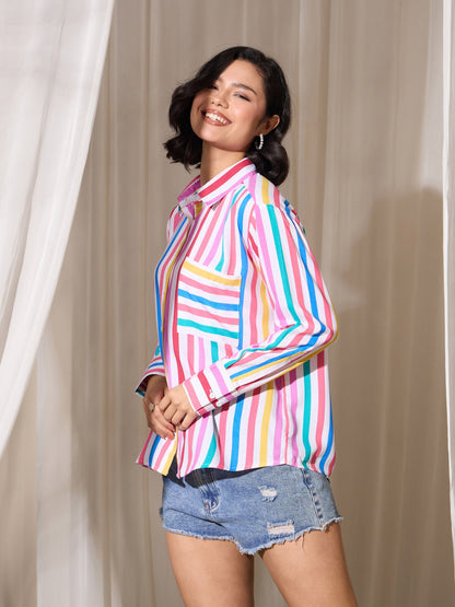 Pink Multi Stripes Pocket Detail Oversized Shirt