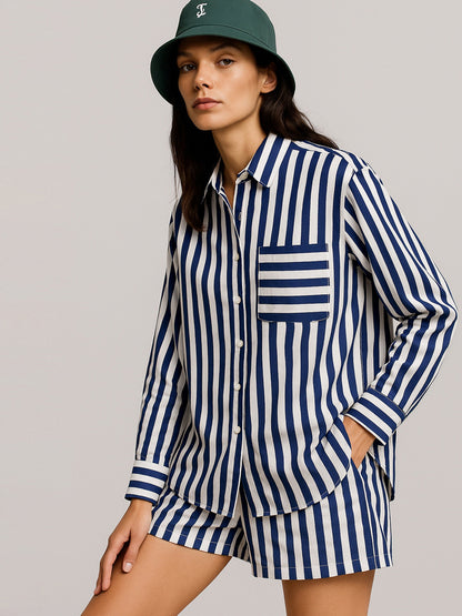 Navy Stripes Pocket Detail Oversized Shirt
