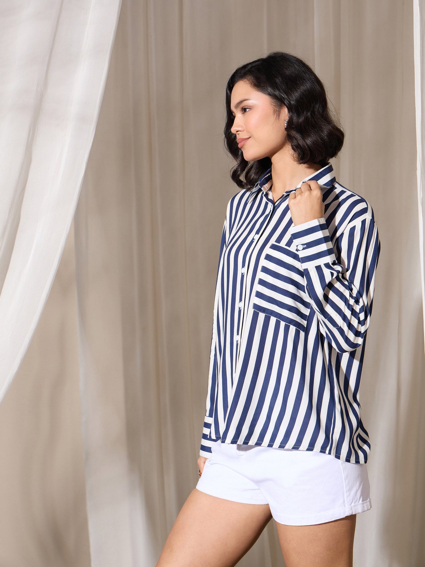 Navy Stripes Pocket Detail Oversized Shirt