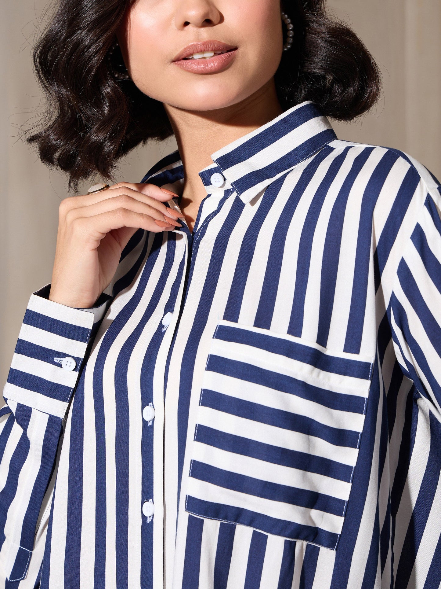Navy Stripes Pocket Detail Oversized Shirt