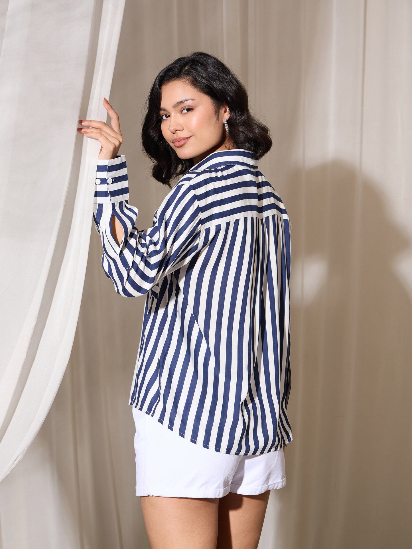Navy Stripes Pocket Detail Oversized Shirt