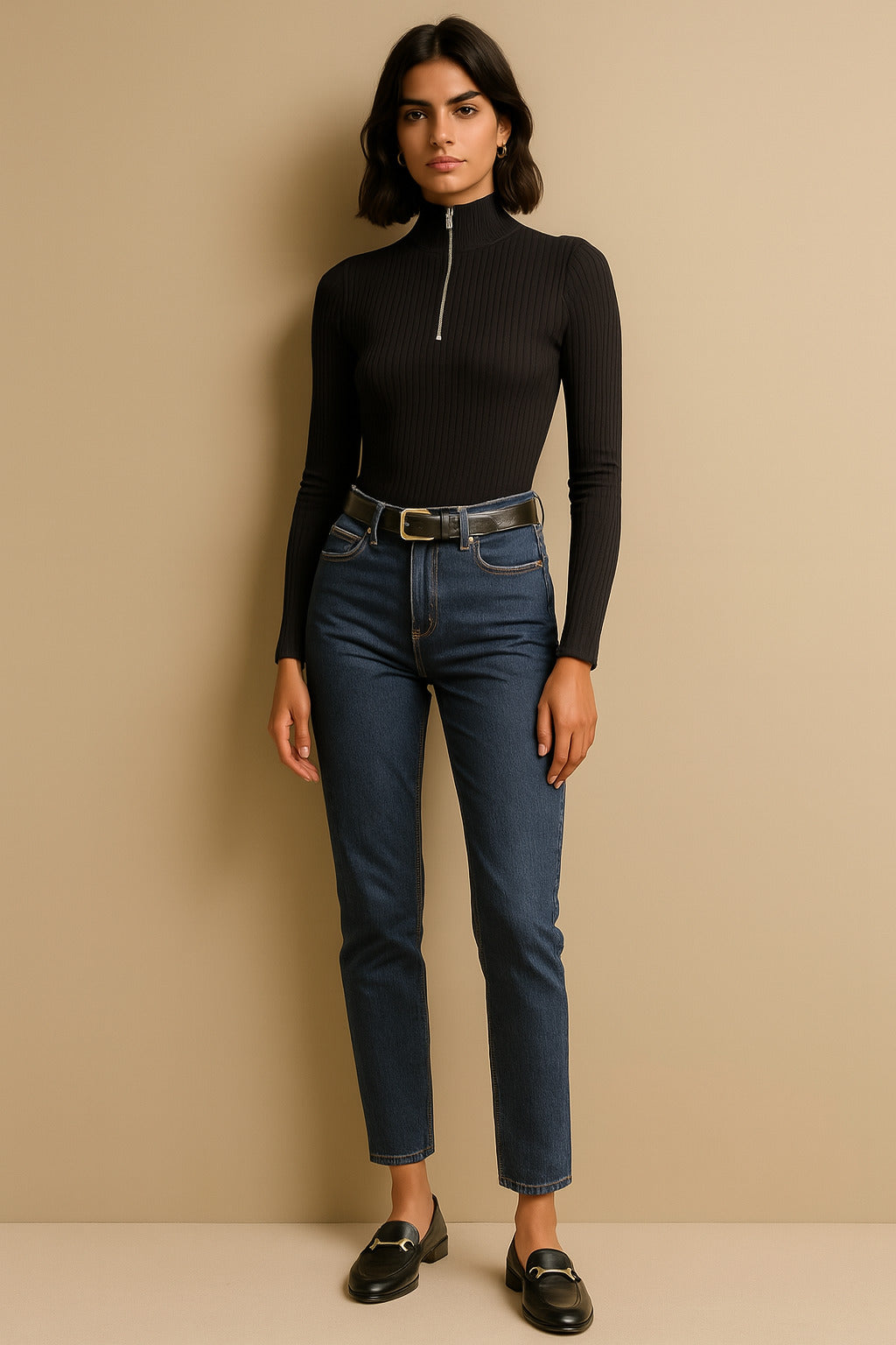 Women Black Rib Half Zipper Full Sleeves Top