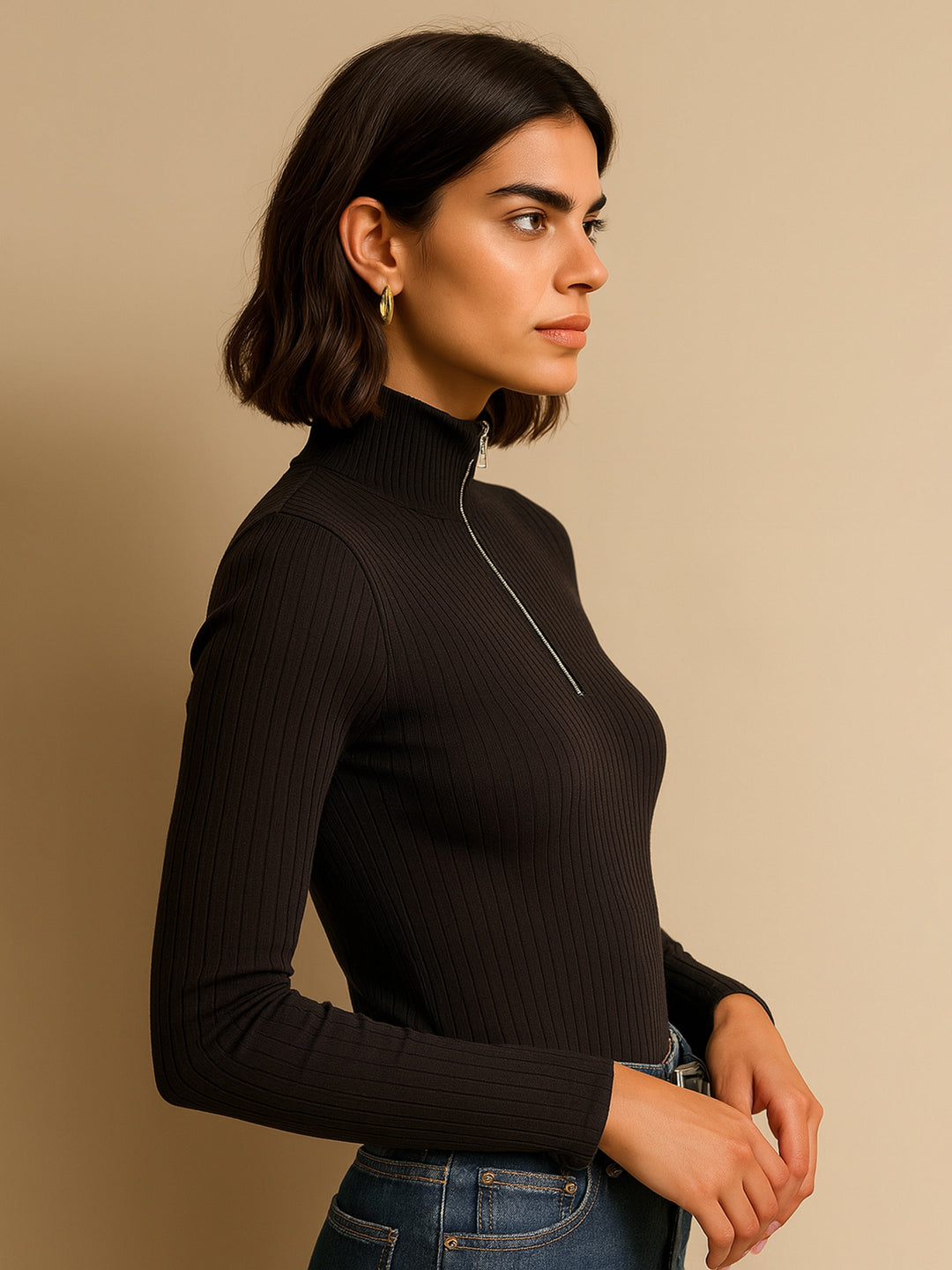 Women Black Rib Half Zipper Full Sleeves Top